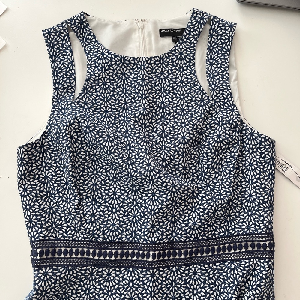 Maggy London Blue and White Fitted Cut Out Tank Top
